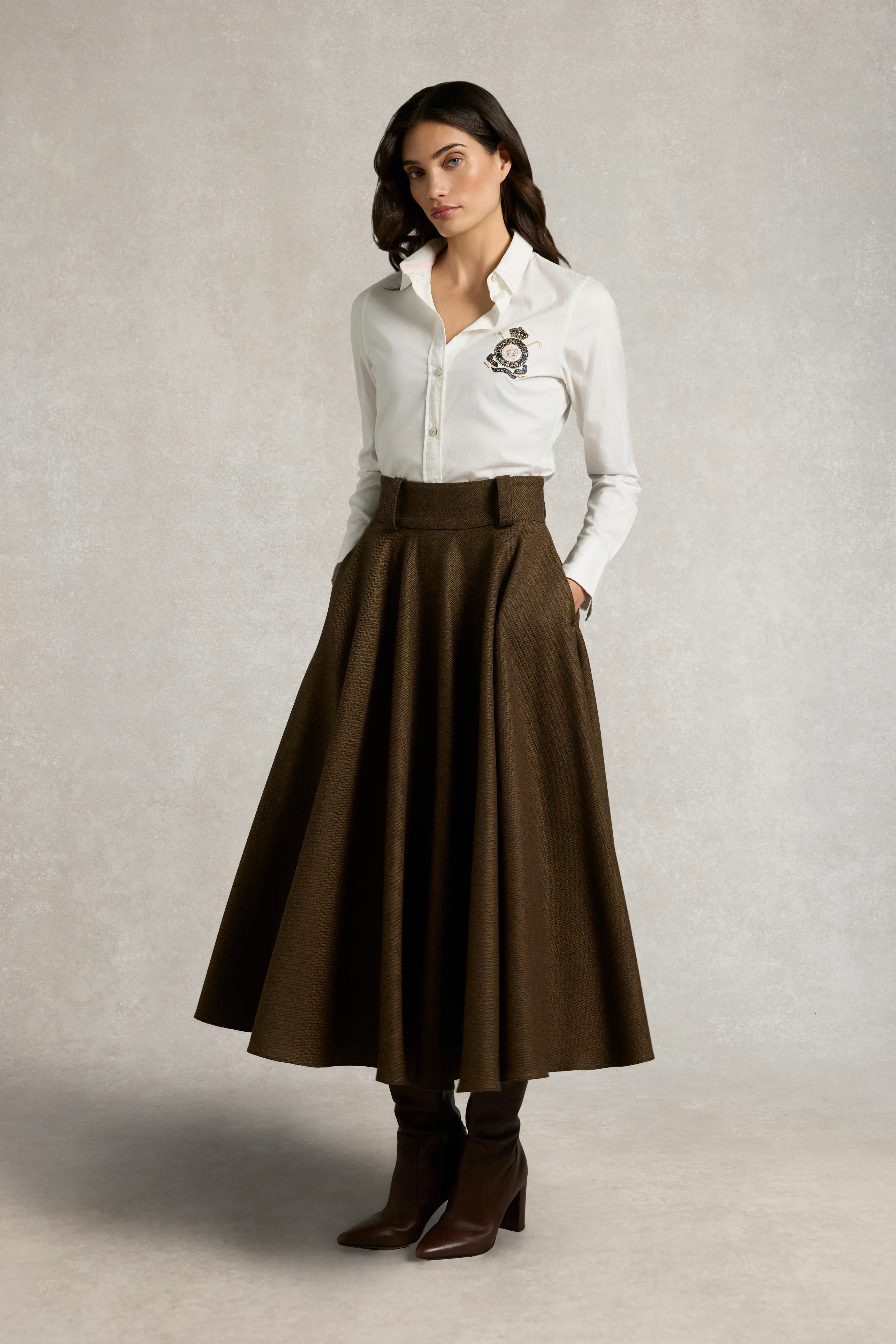 360 Maxi Tweed Circle Skirt (Tobacco Herringbone) - Image 6