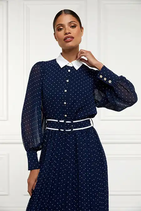 Annabel Pleated Midi Dress (Ink Navy Polka Dot) - Image 5