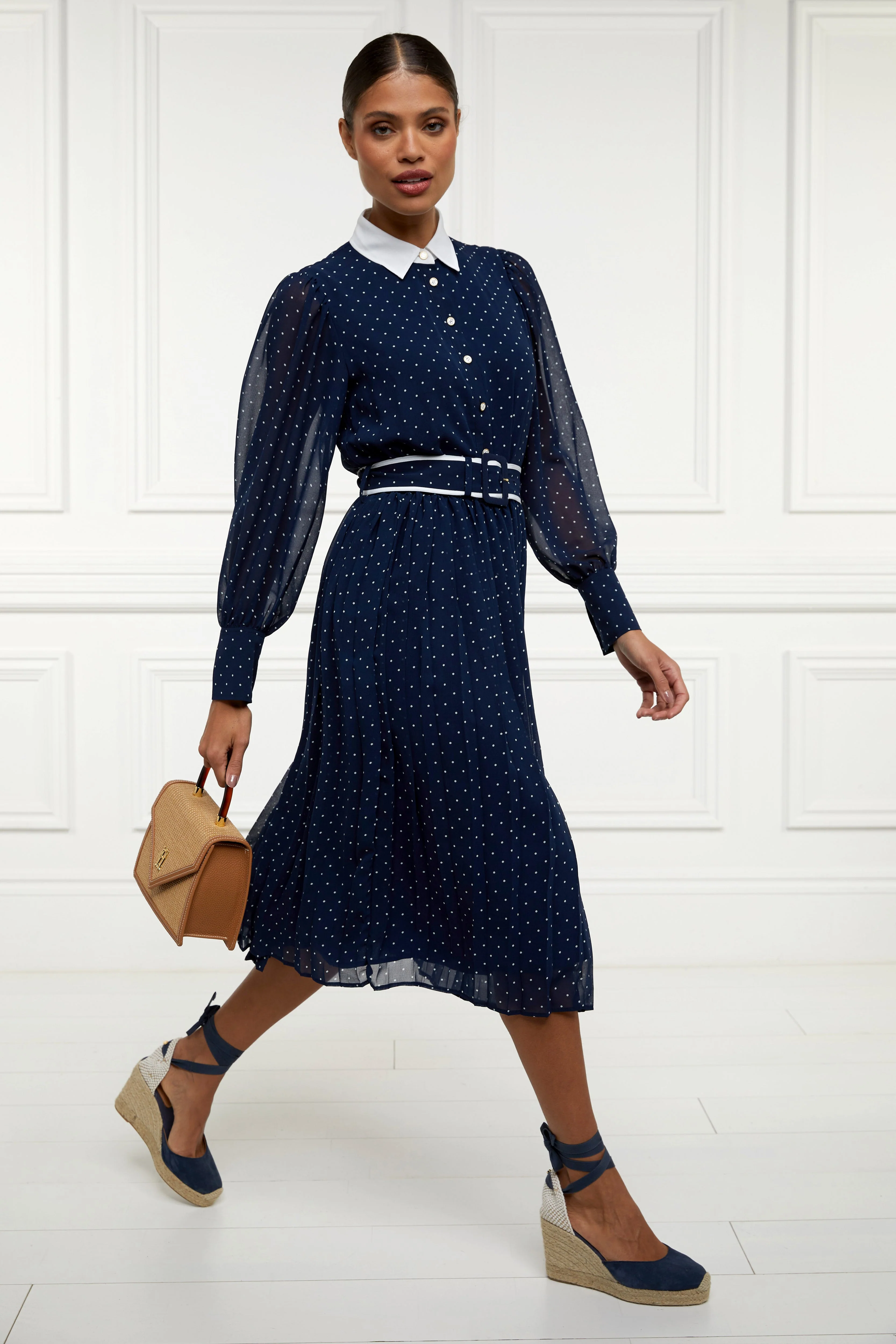 Annabel Pleated Midi Dress (Ink Navy Polka Dot) - Image 6