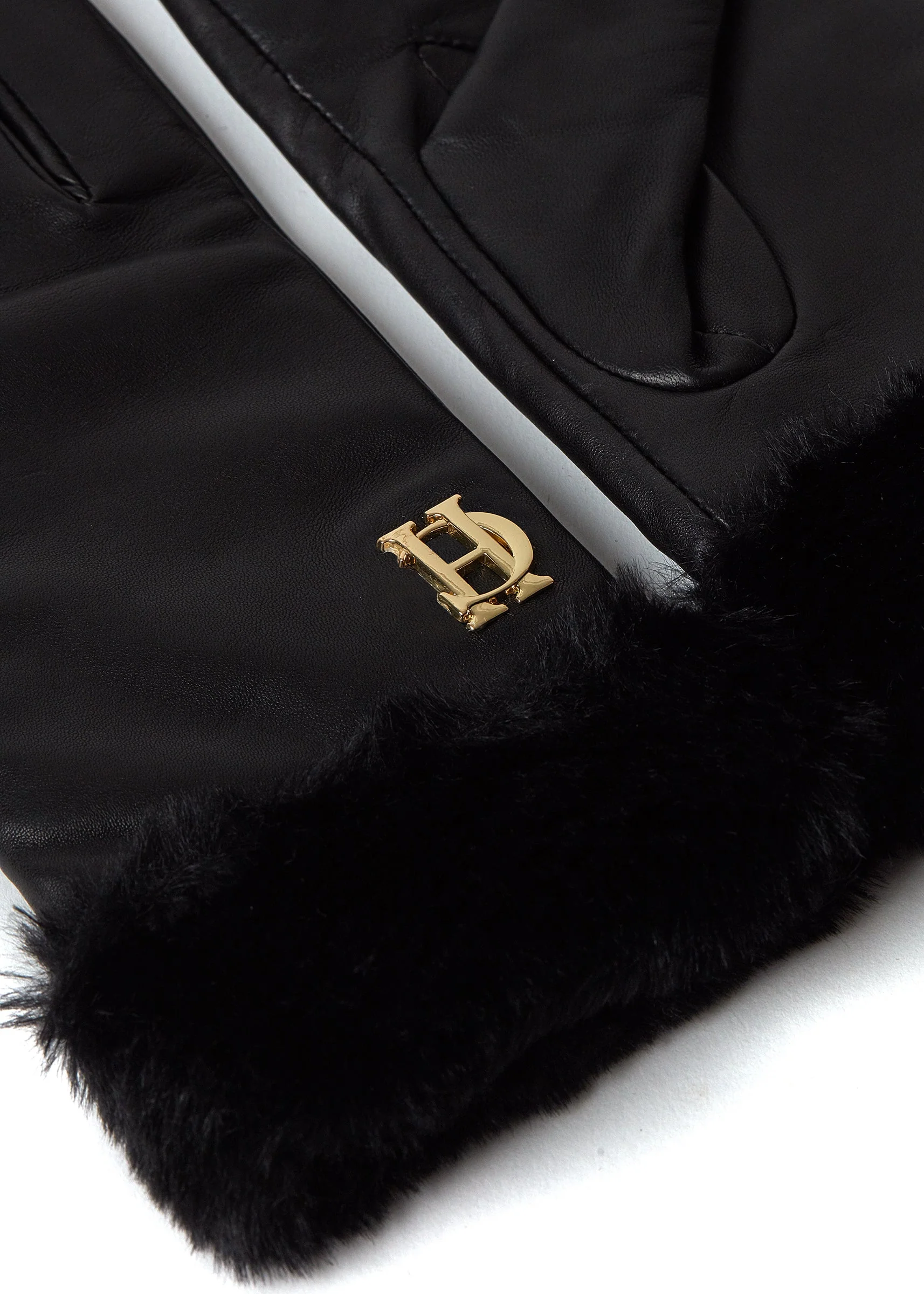 Cashmere Lined Faux Trim Leather Gloves (Black) - Image 4