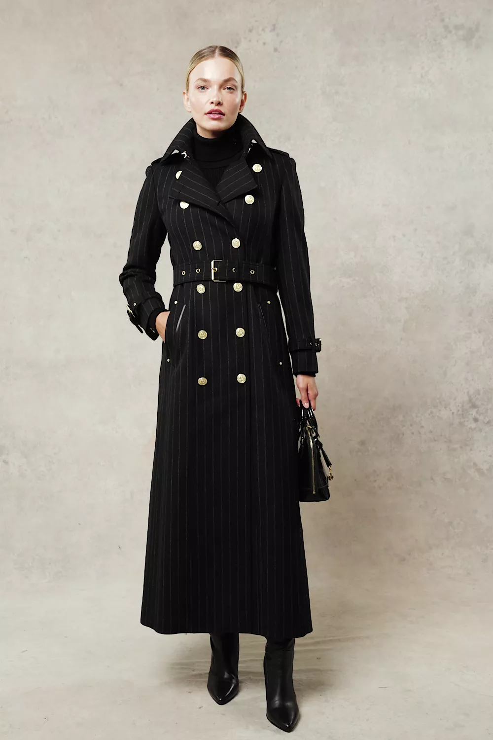 Full Length Marlborough Trench Coat (Black Pinstripe) - Image 5
