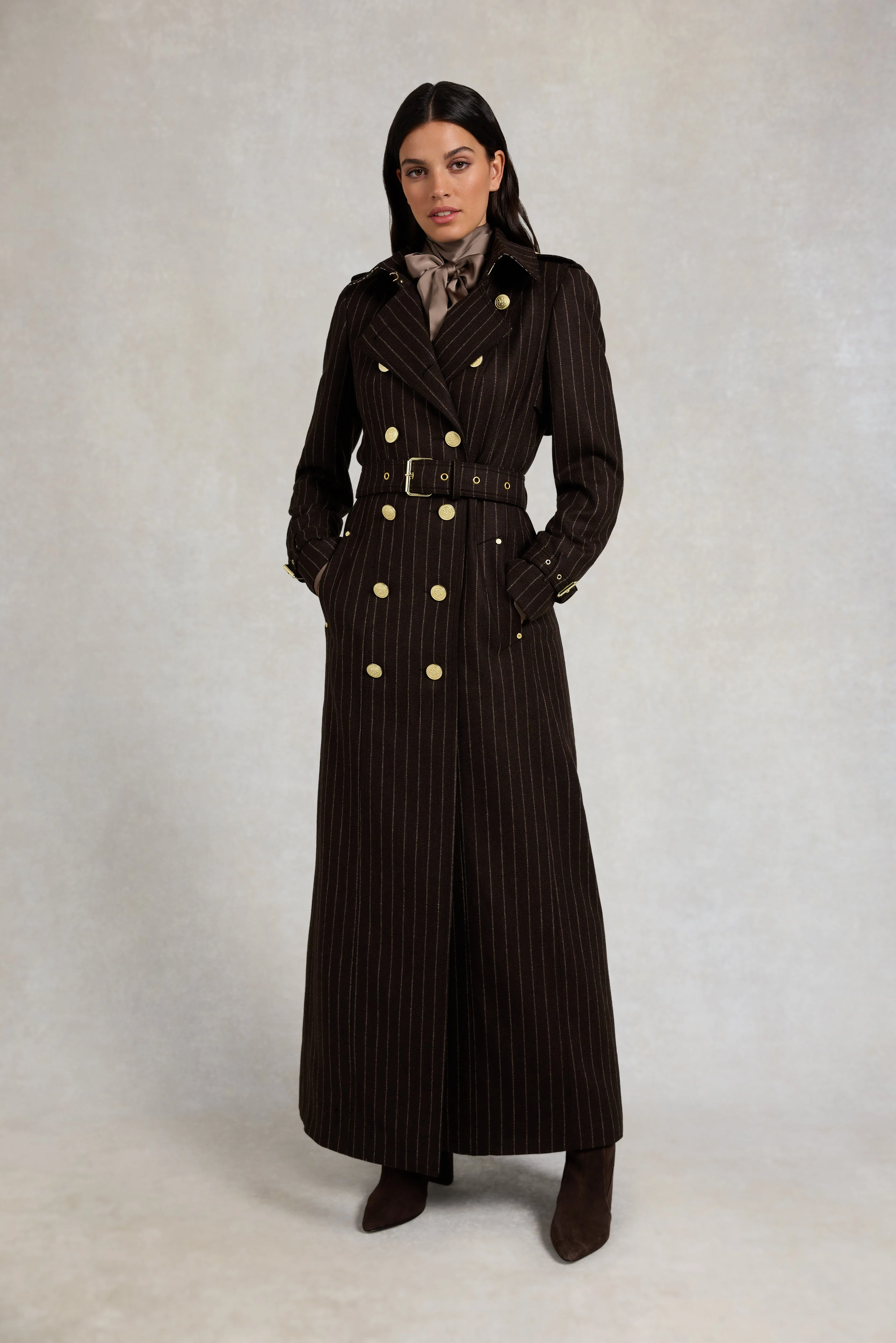 Full Length Marlborough Trench Coat (Chocolate Pinstripe) - Image 3
