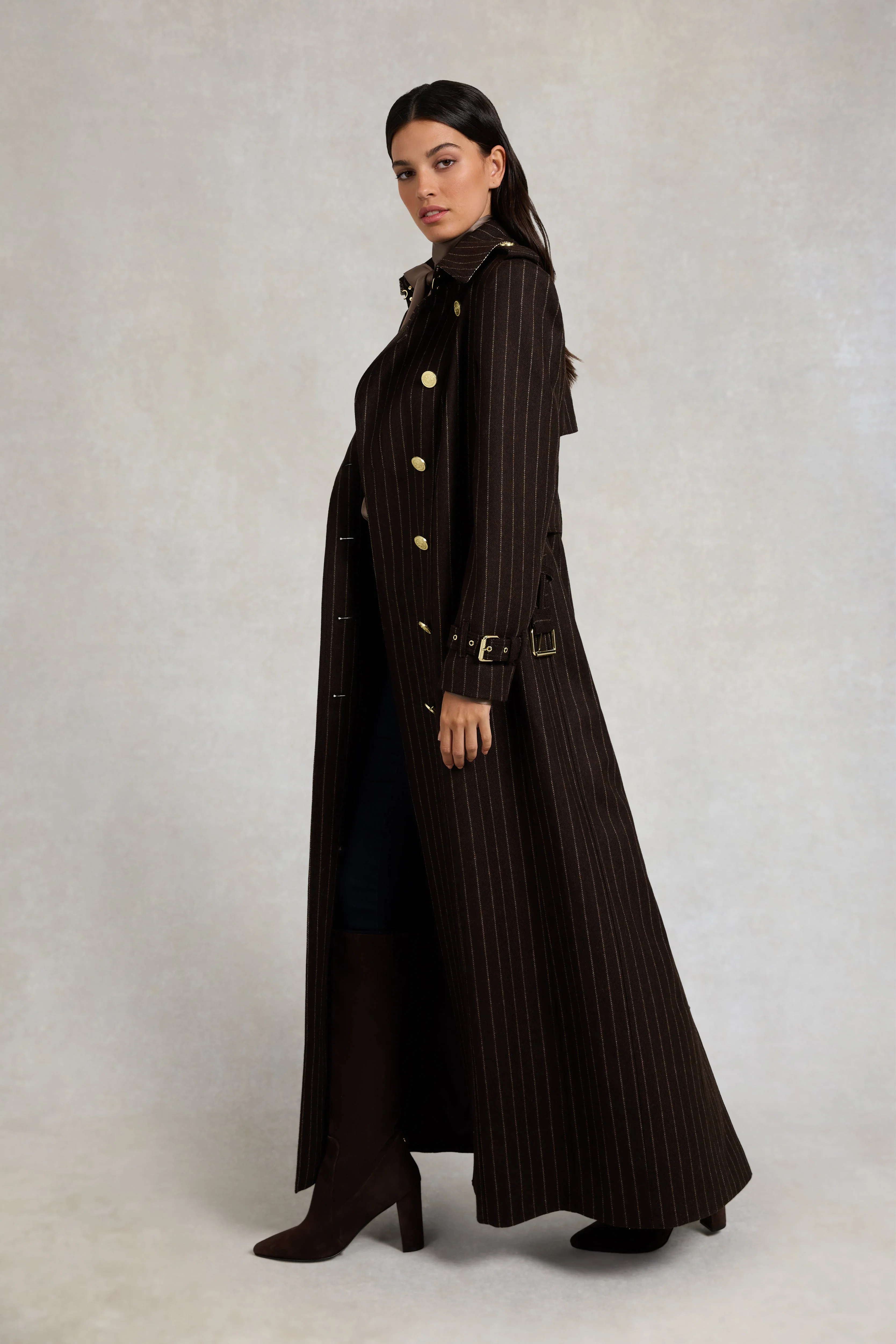 Full Length Marlborough Trench Coat (Chocolate Pinstripe) - Image 9