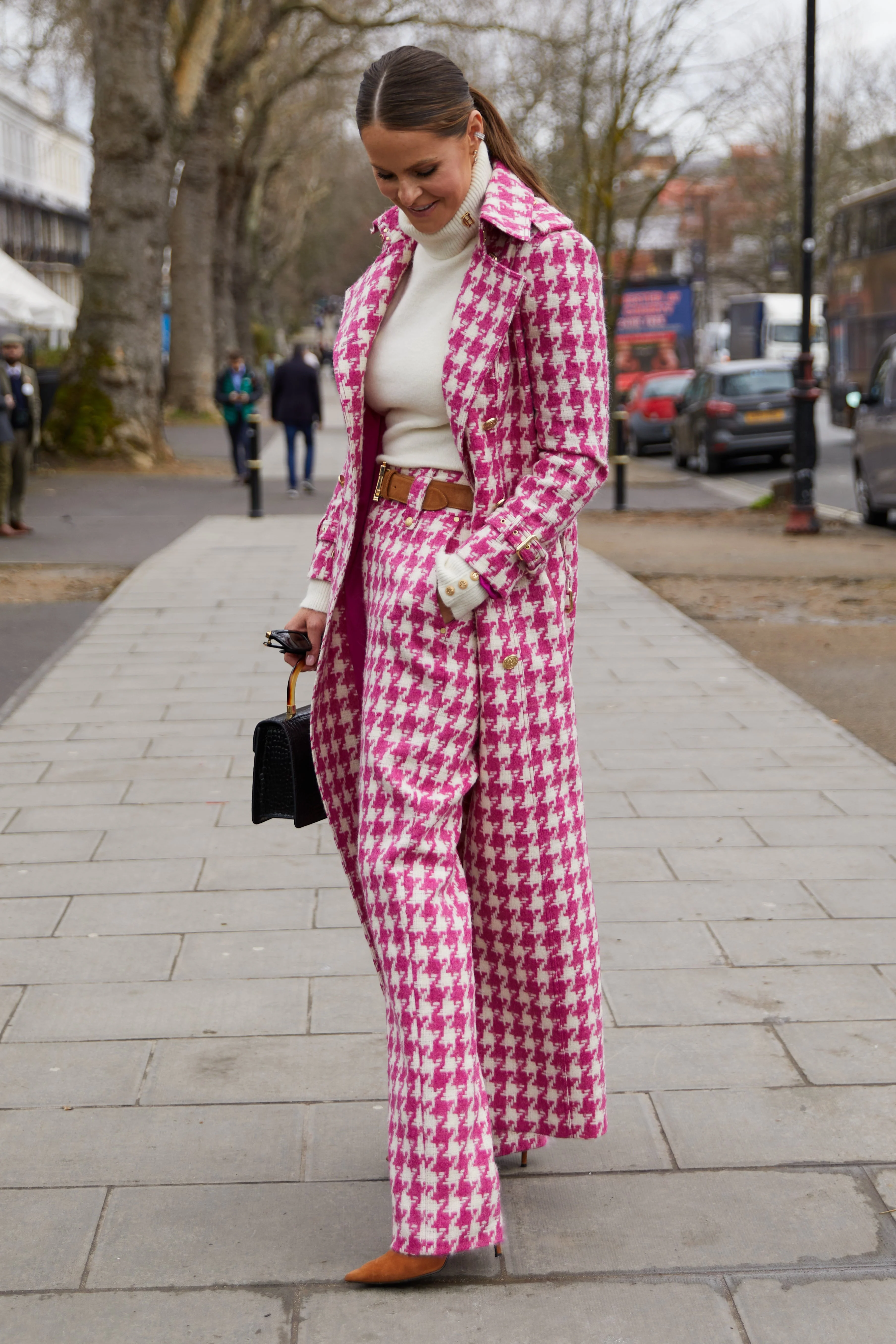 Full Length Marlborough Trench Coat (Hot Pink Large Scale Houndstooth) - Image 3