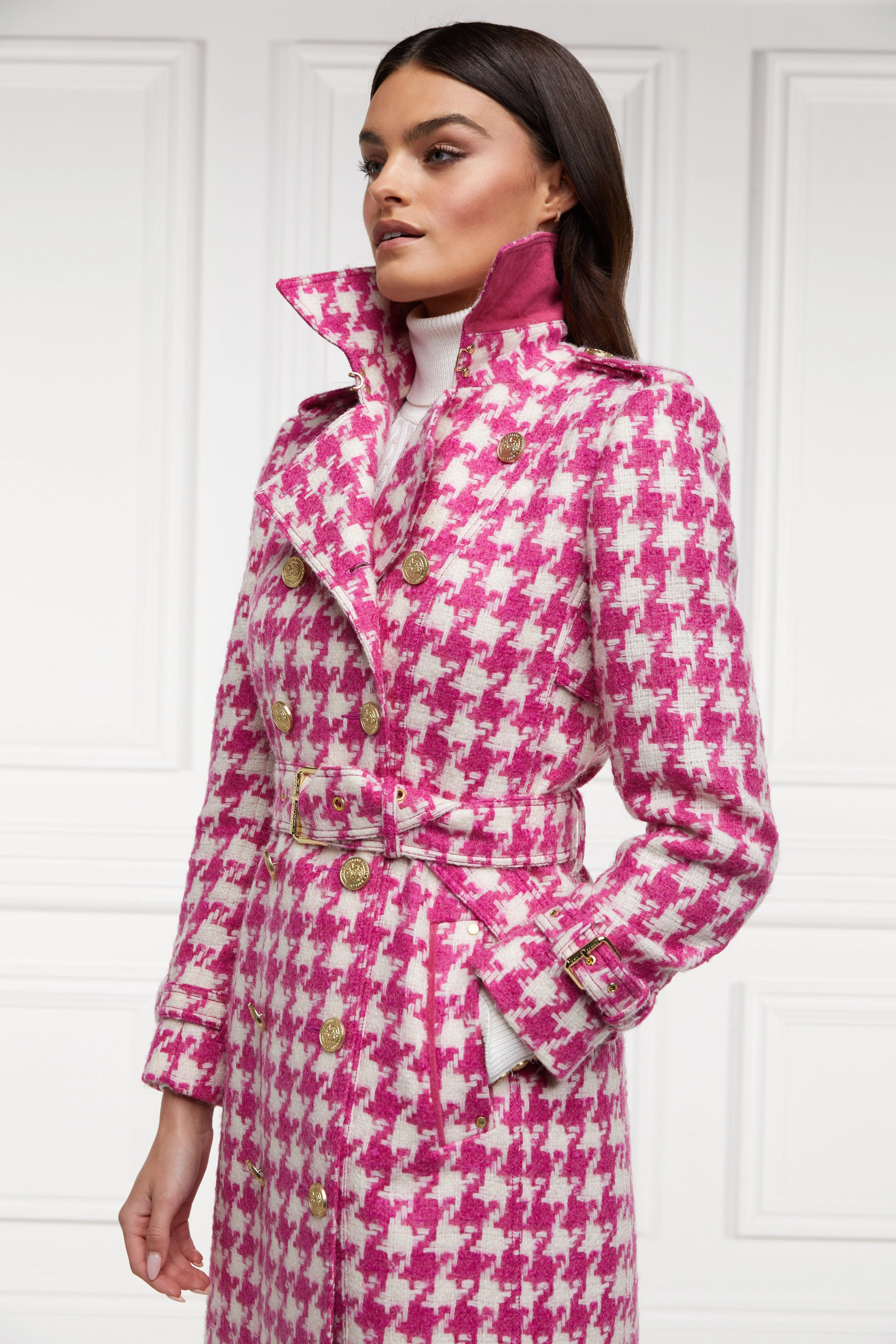 Full Length Marlborough Trench Coat (Hot Pink Large Scale Houndstooth) - Image 4