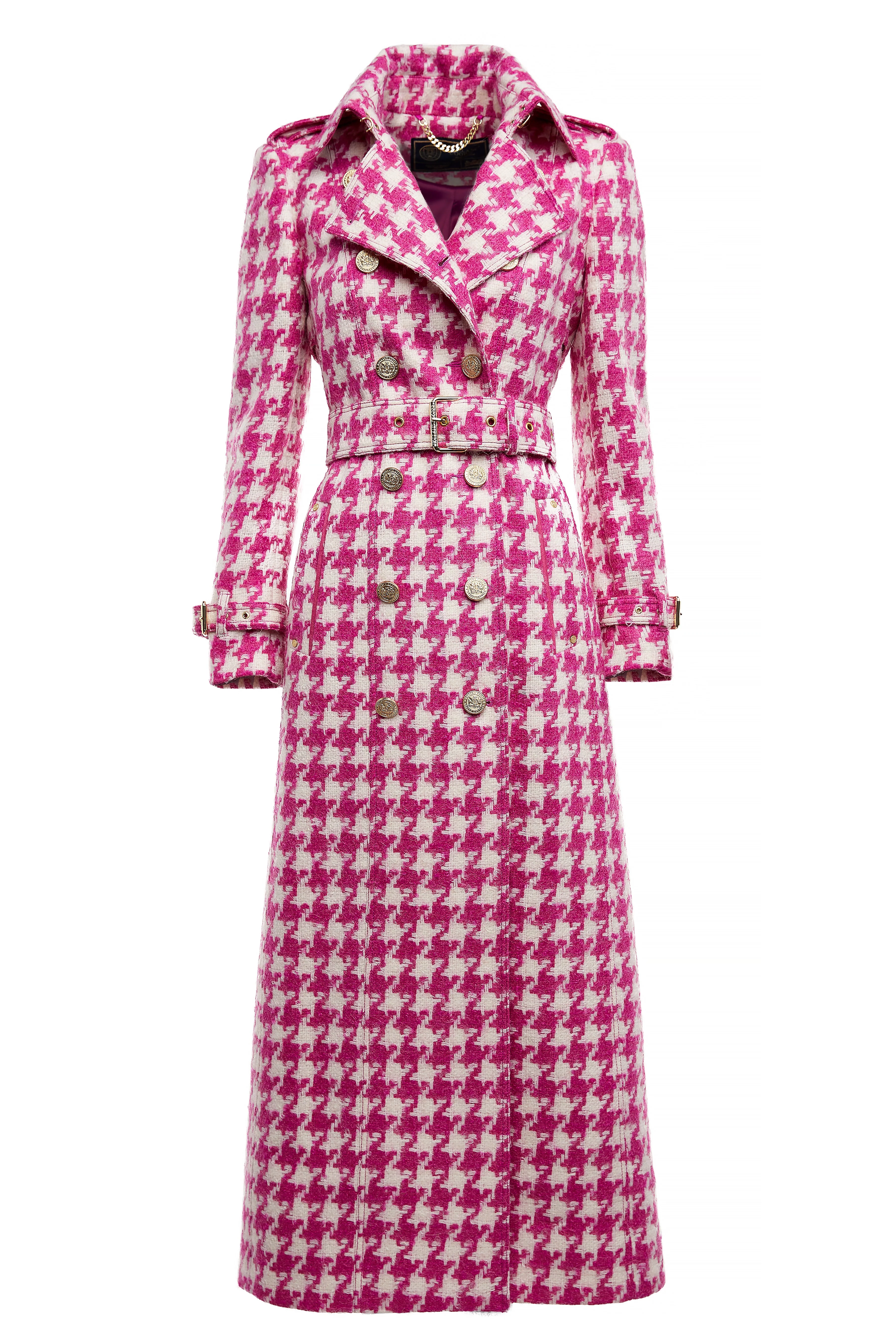 Full Length Marlborough Trench Coat (Hot Pink Large Scale Houndstooth) - Image 6