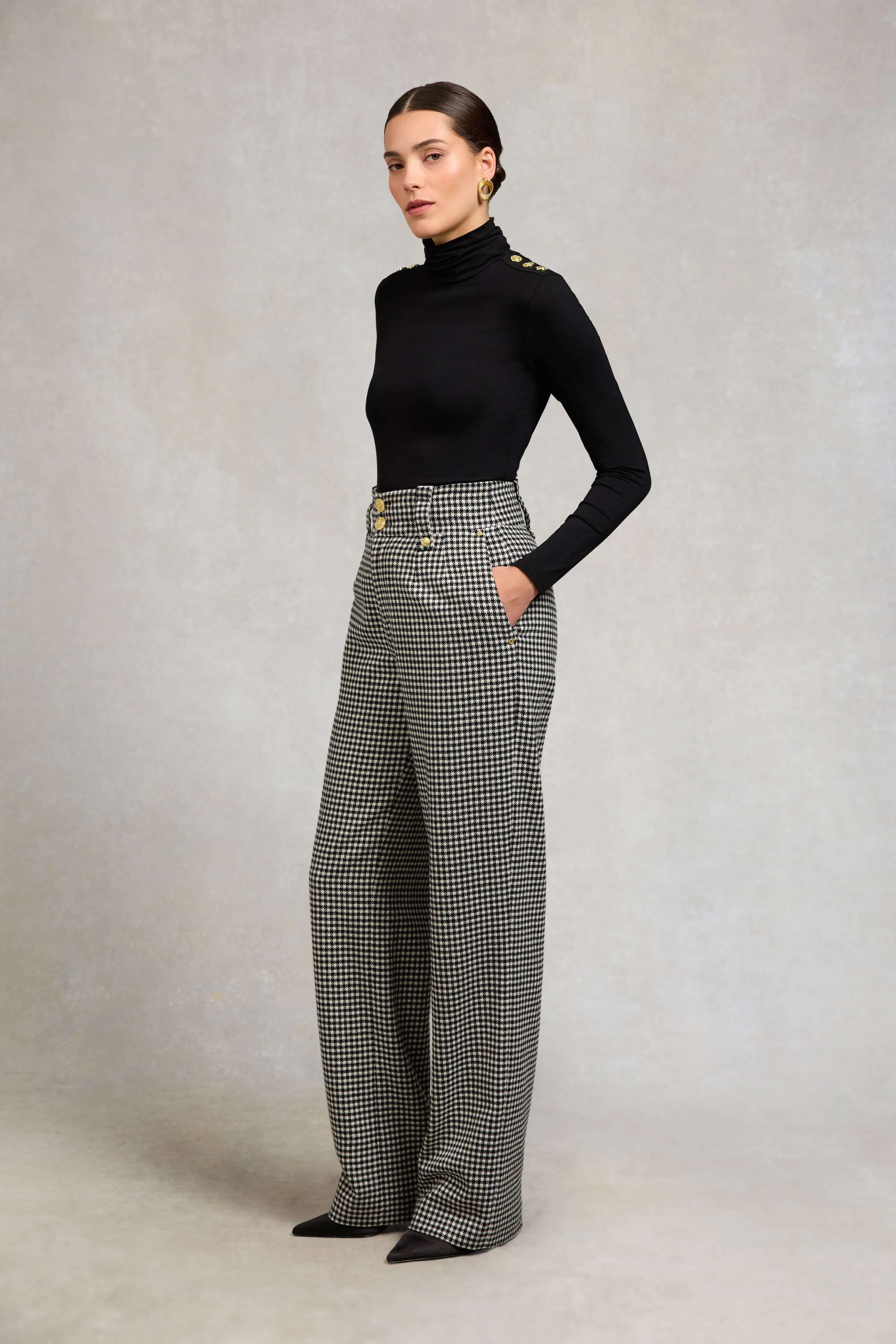 High Waisted Straight Trouser (Black & White Puppy Tooth) - Image 3