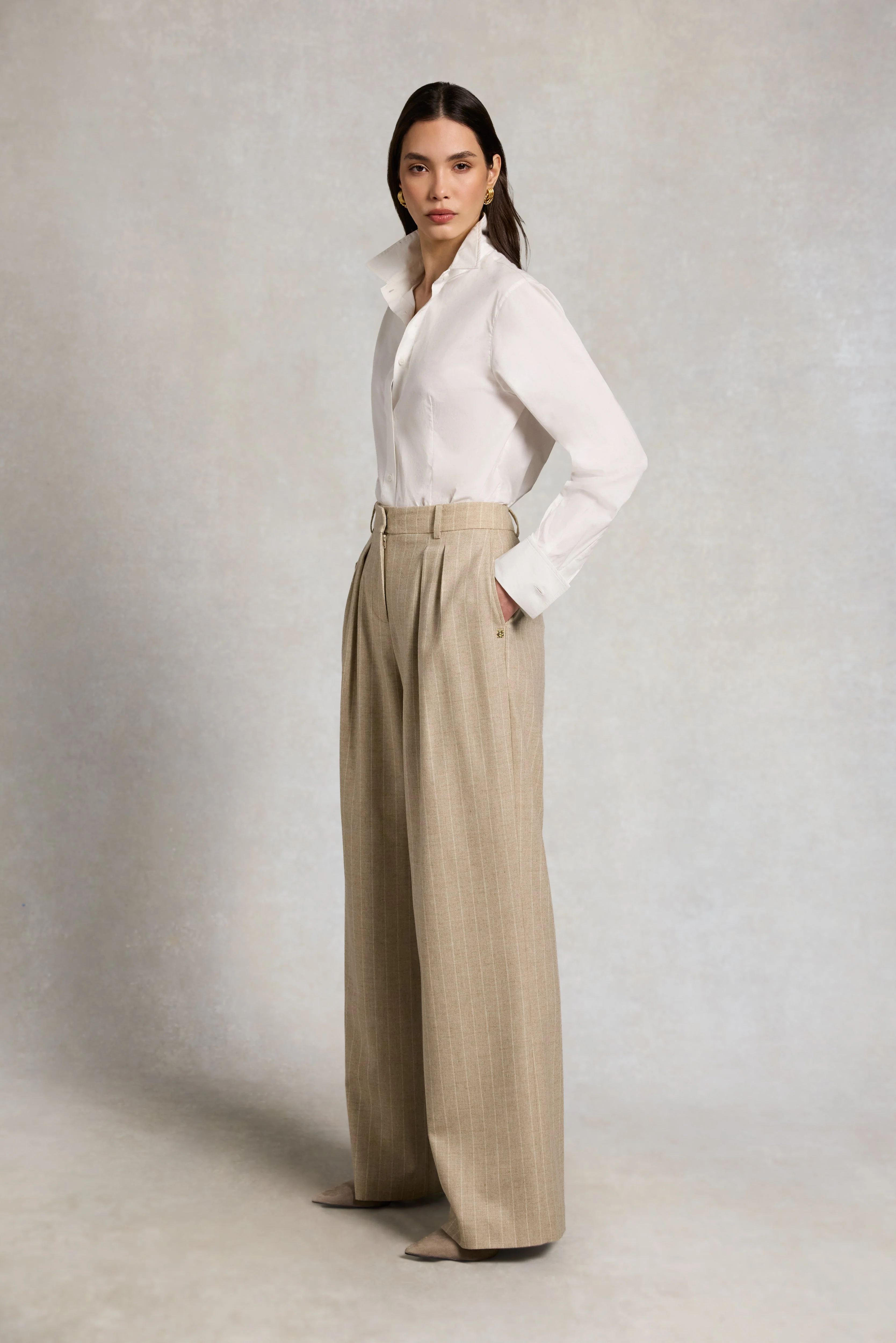 Shoreditch Pleated Trouser (Oatmeal Pinstripe) - Image 4